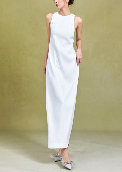 Original White O Neck High Waist Solid Cotton Dress Sleeveless