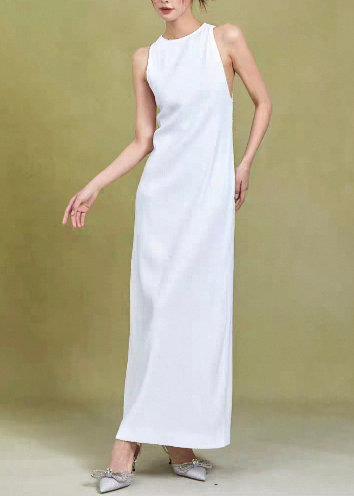 Original White O Neck High Waist Solid Cotton Dress Sleeveless