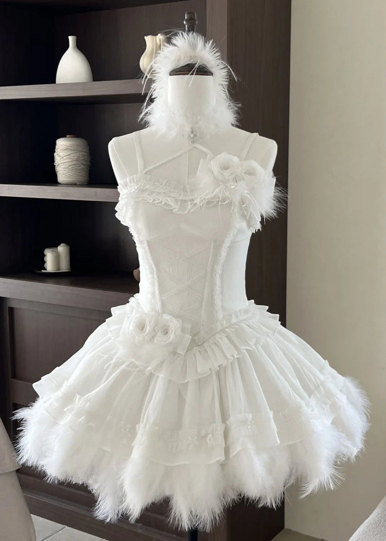 Original White Ruffled Feather Patchwork Spaghetti Strap Dress Sleeveless