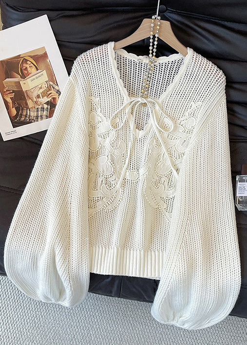 Original White V Neck Lace Up Hollow Out Knit Sweaters Fall