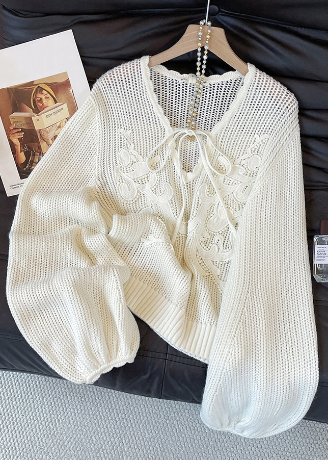 Original White V Neck Lace Up Hollow Out Knit Sweaters Fall