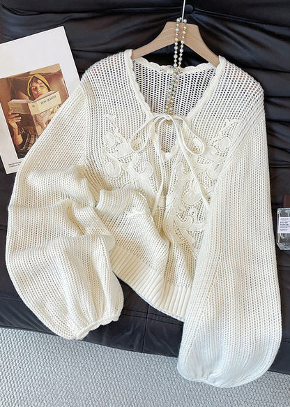 Original White V Neck Lace Up Hollow Out Knit Sweaters Fall