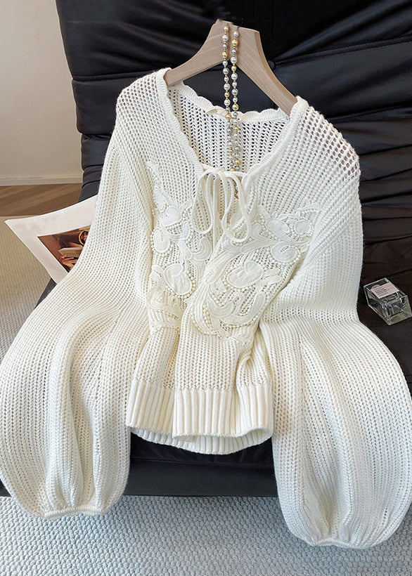 Original White V Neck Lace Up Hollow Out Knit Sweaters Fall