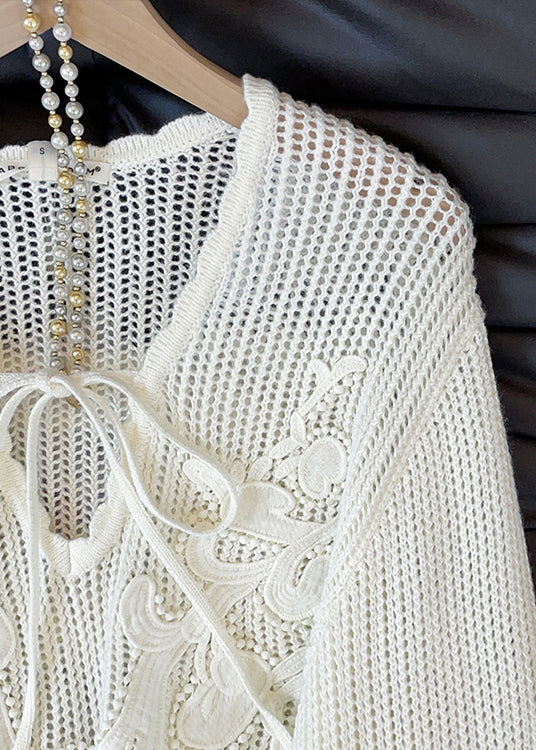 Original White V Neck Lace Up Hollow Out Knit Sweaters Fall