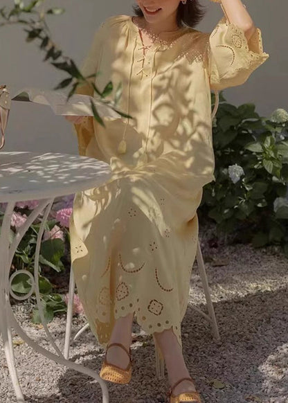 Original Yellow Lace Up Hollow Out Cotton Long Dresses Fall