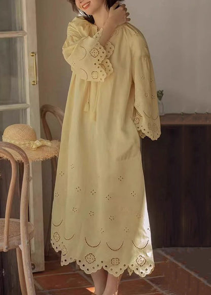 Original Yellow Lace Up Hollow Out Cotton Long Dresses Fall