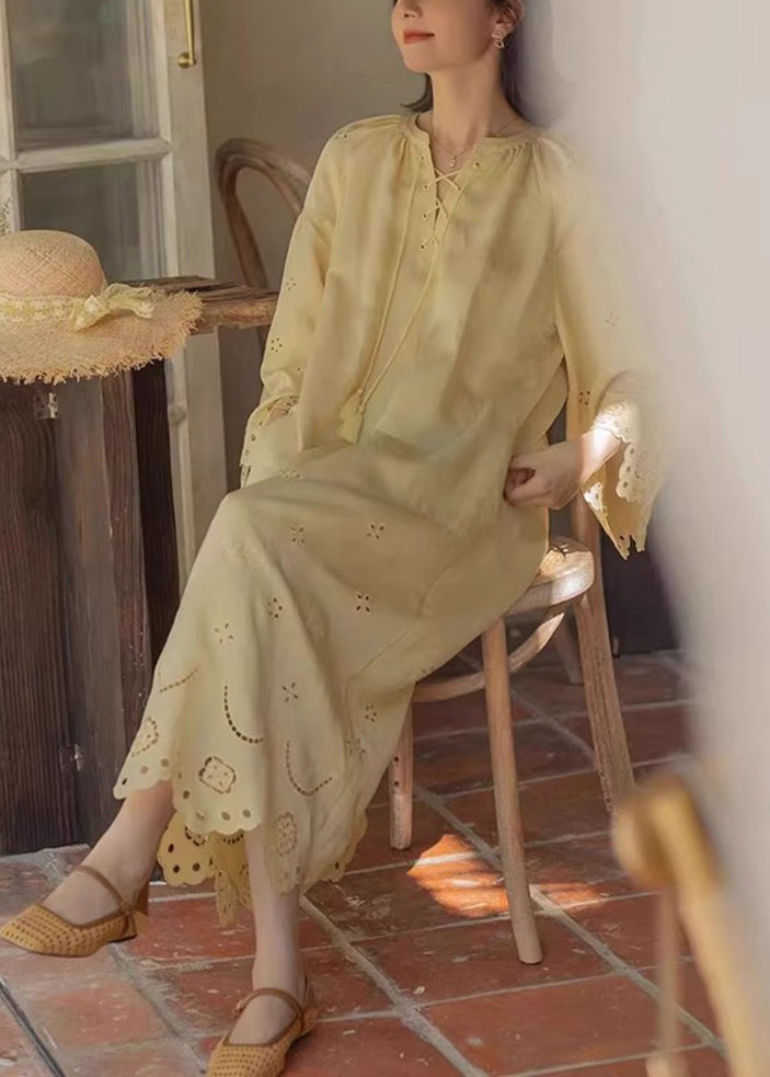 Original Yellow Lace Up Hollow Out Cotton Long Dresses Fall