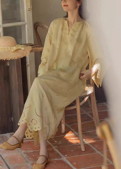 Original Yellow Lace Up Hollow Out Cotton Long Dresses Fall