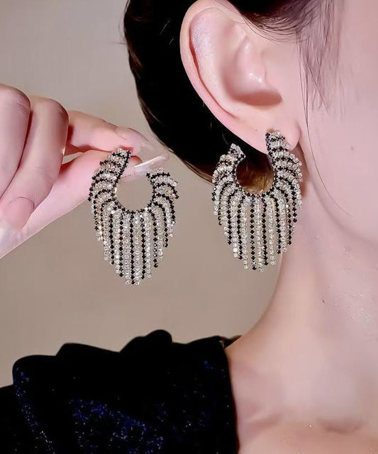 Oversize Copper Zircon Asymmetrical Geometry Tassel Hoop Earrings