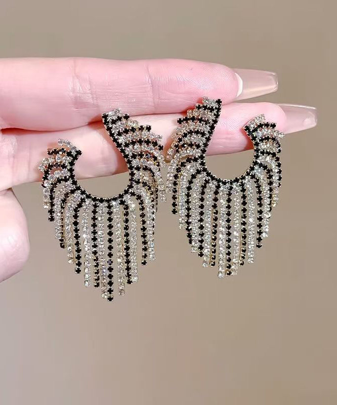 Oversize Copper Zircon Asymmetrical Geometry Tassel Hoop Earrings
