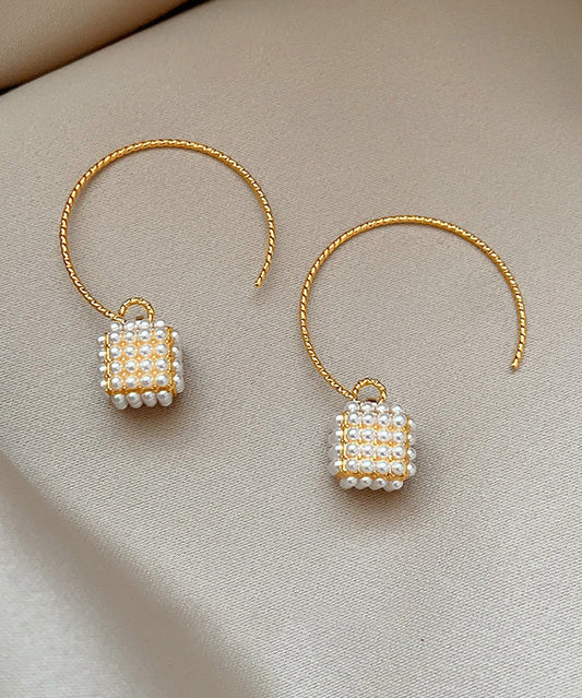 Oversize Gold Copper Overgild Lantern Pearl Hoop Earrings