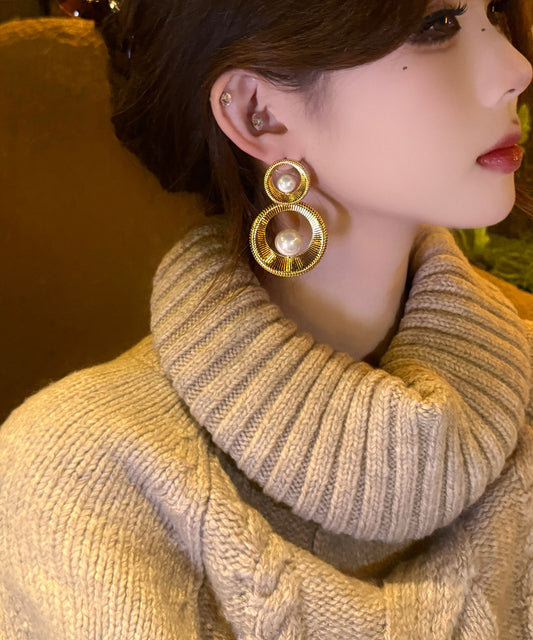 Oversize Gold Copper Overgild Pearl Hollow Out Hoop Earrings