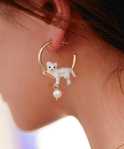 Oversize Gold Copper Overgild Pearl Little Cats Hoop Earrings