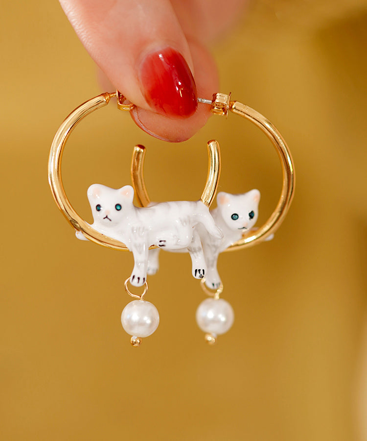 Oversize Gold Copper Overgild Pearl Little Cats Hoop Earrings
