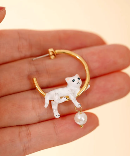 Oversize Gold Copper Overgild Pearl Little Cats Hoop Earrings