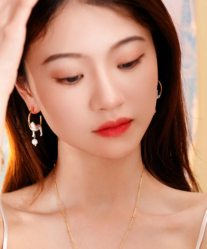 Oversize Gold Copper Overgild Pearl Little Cats Hoop Earrings