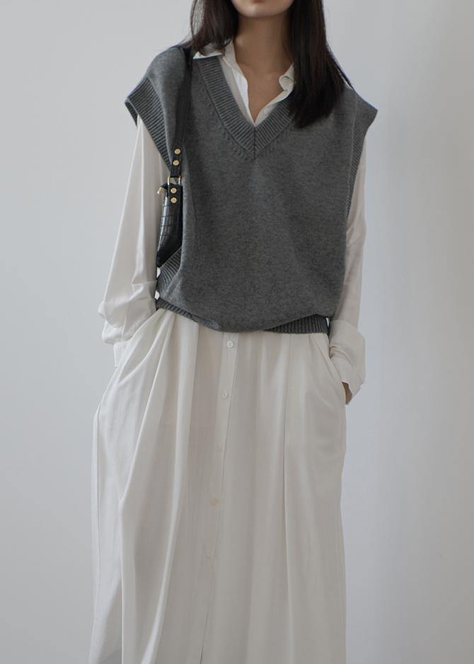 Oversized  gray knit tops oversized v neck sleeveless tops - SooLinen