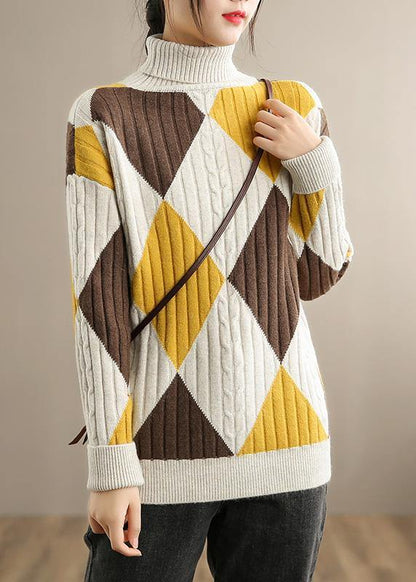 Oversized Beige Yellow Plaid Knitted Clothes High Neck Plus Size Knitwear - SooLinen