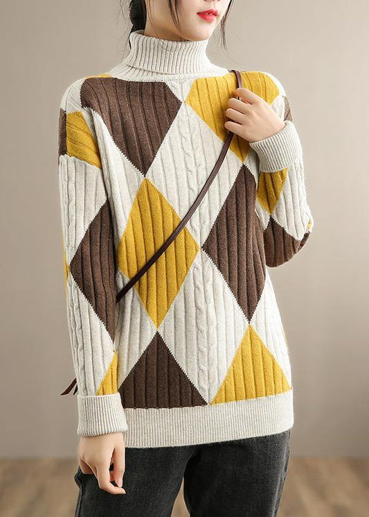 Oversized Beige Yellow Plaid Knitted Clothes High Neck Plus Size Knitwear - SooLinen