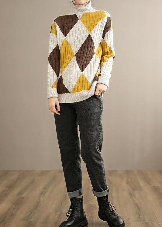 Oversized Beige Yellow Plaid Knitted Clothes High Neck Plus Size Knitwear - SooLinen