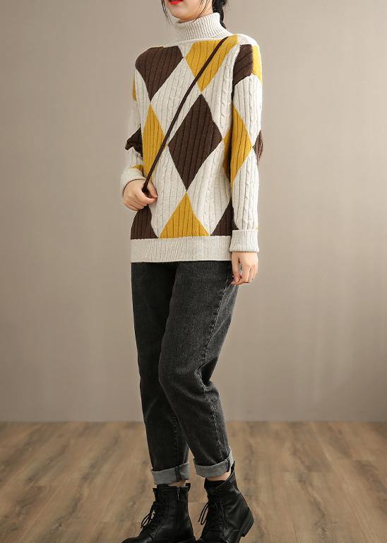 Oversized Beige Yellow Plaid Knitted Clothes High Neck Plus Size Knitwear - SooLinen