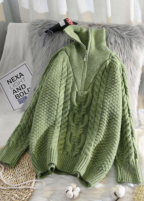 Oversized beige knitted pullover high neck zippered fall fashion knit sweat tops - SooLinen