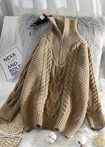 Oversized beige knitted pullover high neck zippered fall fashion knit sweat tops - SooLinen