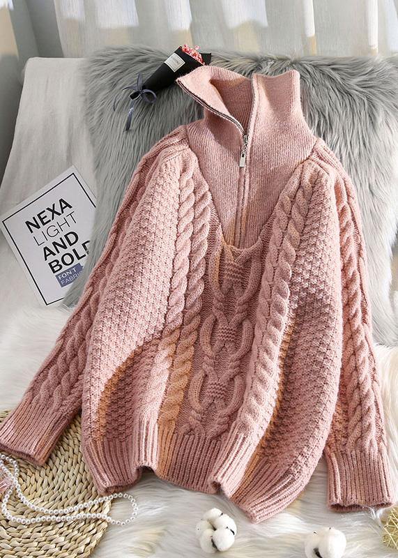 Oversized beige knitted pullover high neck zippered fall fashion knit sweat tops - SooLinen