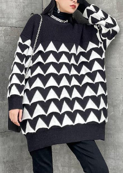 Oversized black Geometric knit top silhouette o neck plus size sweaters - SooLinen