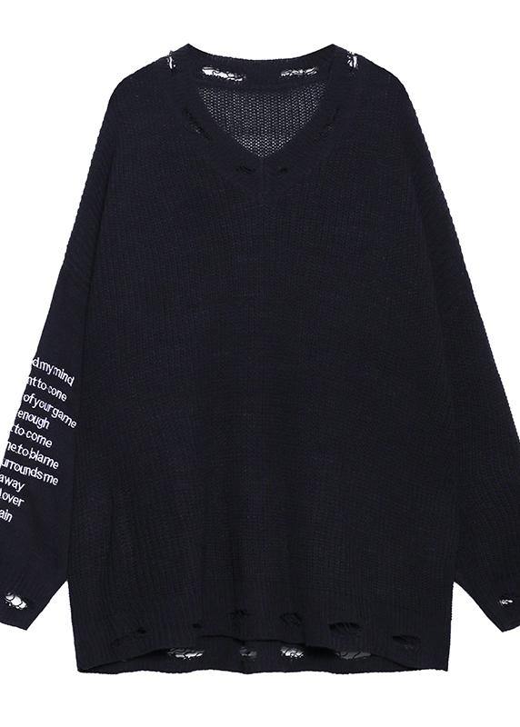 Oversized black Letter knit tops v neck fall fashion sweaters - SooLinen