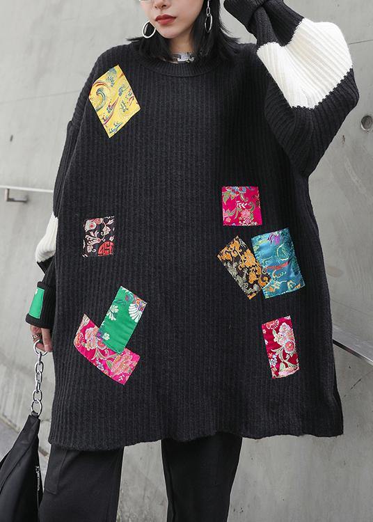 Oversized black knitted pullover o neck patchwork oversized knitted blouse - SooLinen