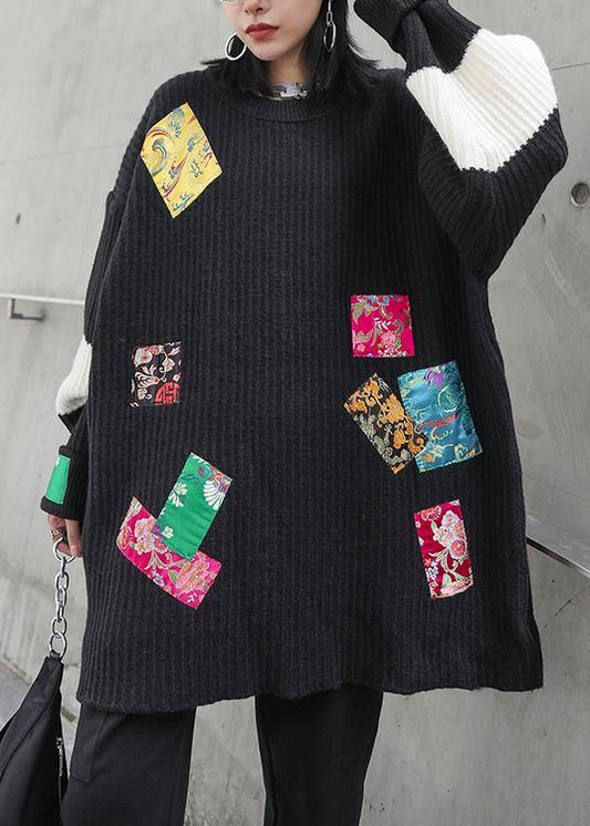 Oversized black knitted pullover o neck patchwork oversized knitted blouse - SooLinen