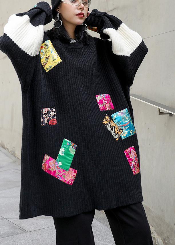 Oversized black knitted pullover o neck patchwork oversized knitted blouse - SooLinen