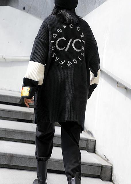 Oversized black knitted pullover o neck patchwork oversized knitted blouse - SooLinen