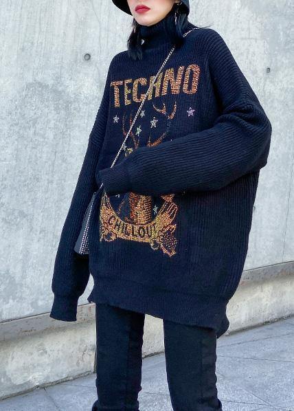 Oversized black knitted top side open plus size half high neck sweaters - SooLinen