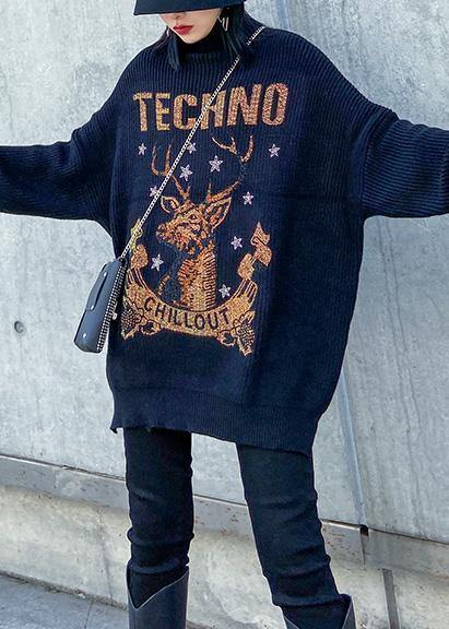 Oversized black knitted top side open plus size half high neck sweaters - SooLinen