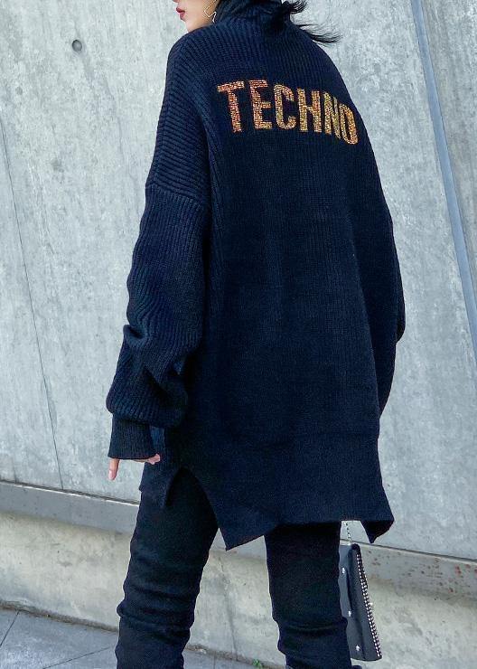 Oversized black knitted top side open plus size half high neck sweaters - SooLinen