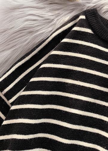 Oversized black striped knitted blouse plus size clothing o neck low high design knit tops - SooLinen