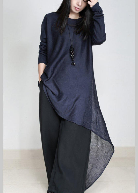 Oversized blue Sweater Wardrobes plus size asymmetric daily o neck sweater dress - SooLinen