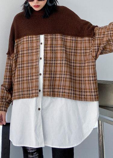 Oversized chocolate Sweater Blouse lapel patchwork plus size spring knit tops - SooLinen