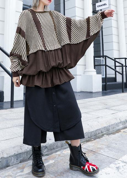 Oversized chocolate striped box top plus size clothing o neck ruffles patchwork knit sweat tops - SooLinen