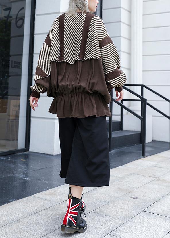 Oversized chocolate striped box top plus size clothing o neck ruffles patchwork knit sweat tops - SooLinen