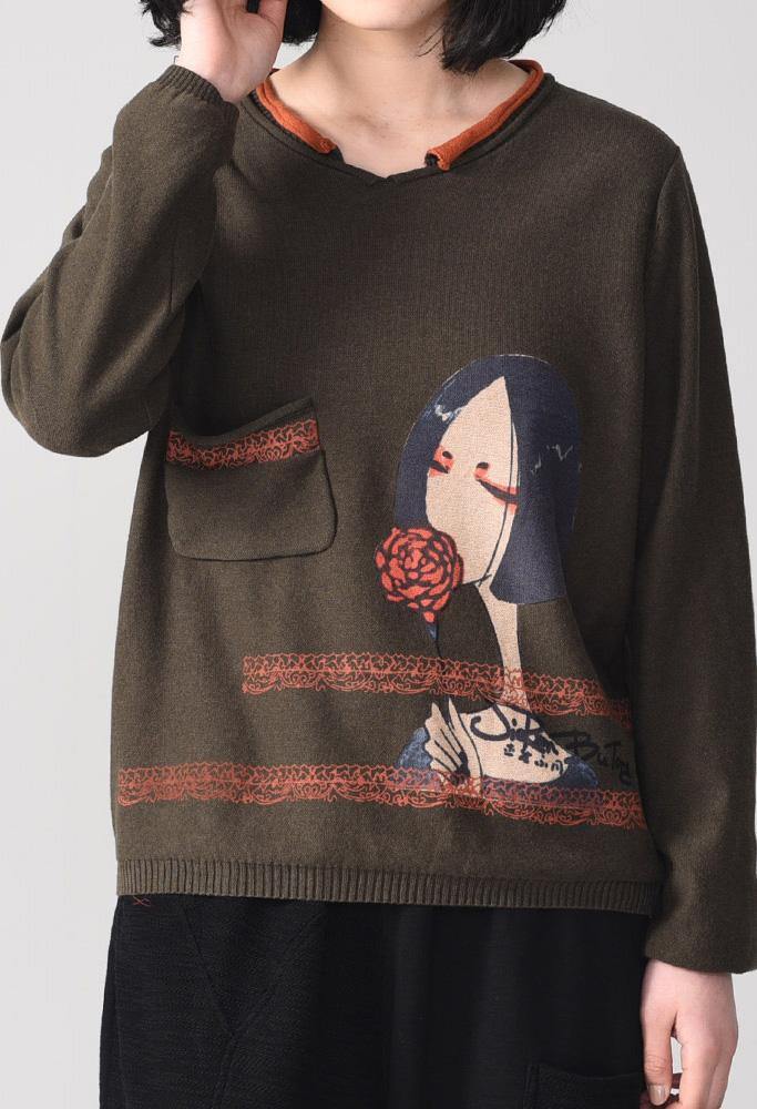 Oversized dark gray knit tops trendy plus size Cartoon print sweaters long sleeve - SooLinen