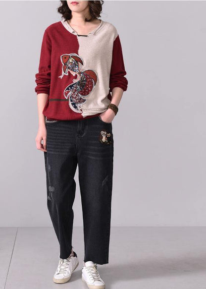 Oversized fall Appliques knitted  blouse casual o neck knitted tops red patchwork beige - SooLinen