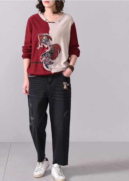 Oversized fall Appliques knitted  blouse casual o neck knitted tops red patchwork beige - SooLinen