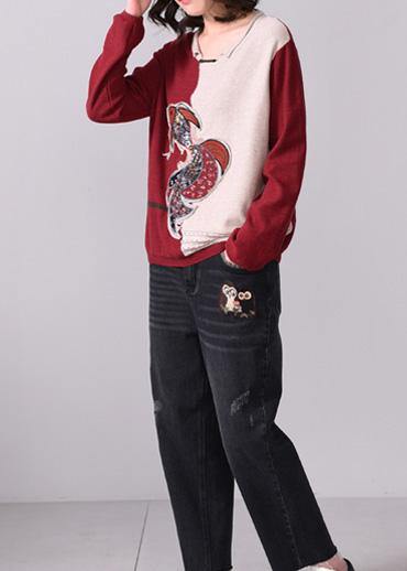 Oversized fall Appliques knitted  blouse casual o neck knitted tops red patchwork beige - SooLinen