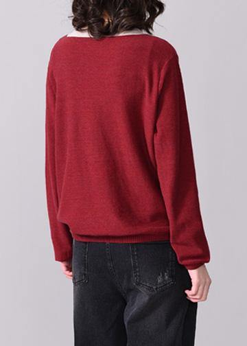 Oversized fall Appliques knitted  blouse casual o neck knitted tops red patchwork beige - SooLinen