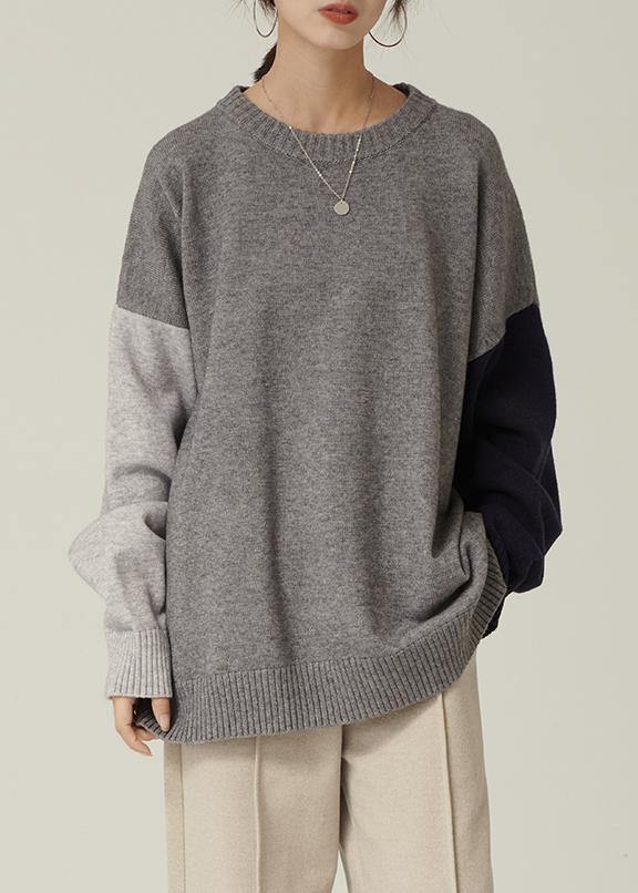 Oversized gray Sweater Blouse o neck patchwork oversized fall knitwear - SooLinen