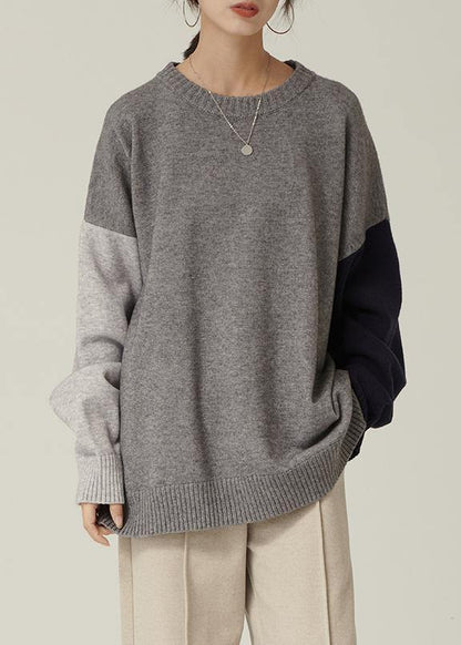 Oversized gray Sweater Blouse o neck patchwork oversized fall knitwear - SooLinen
