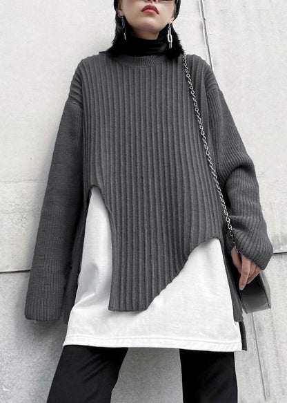 Oversized gray knit sweat tops fall fashion o neck false two pieces crane tops - SooLinen